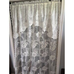 Lace Curtain Panel Attached Valance 64" W x 92" L Cream Floral Pattern Polyester
